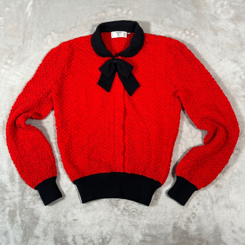 VTG 80's Valentino Studio Knit Zip Cardigan Wool Mohair Black Bow Collar Size 4